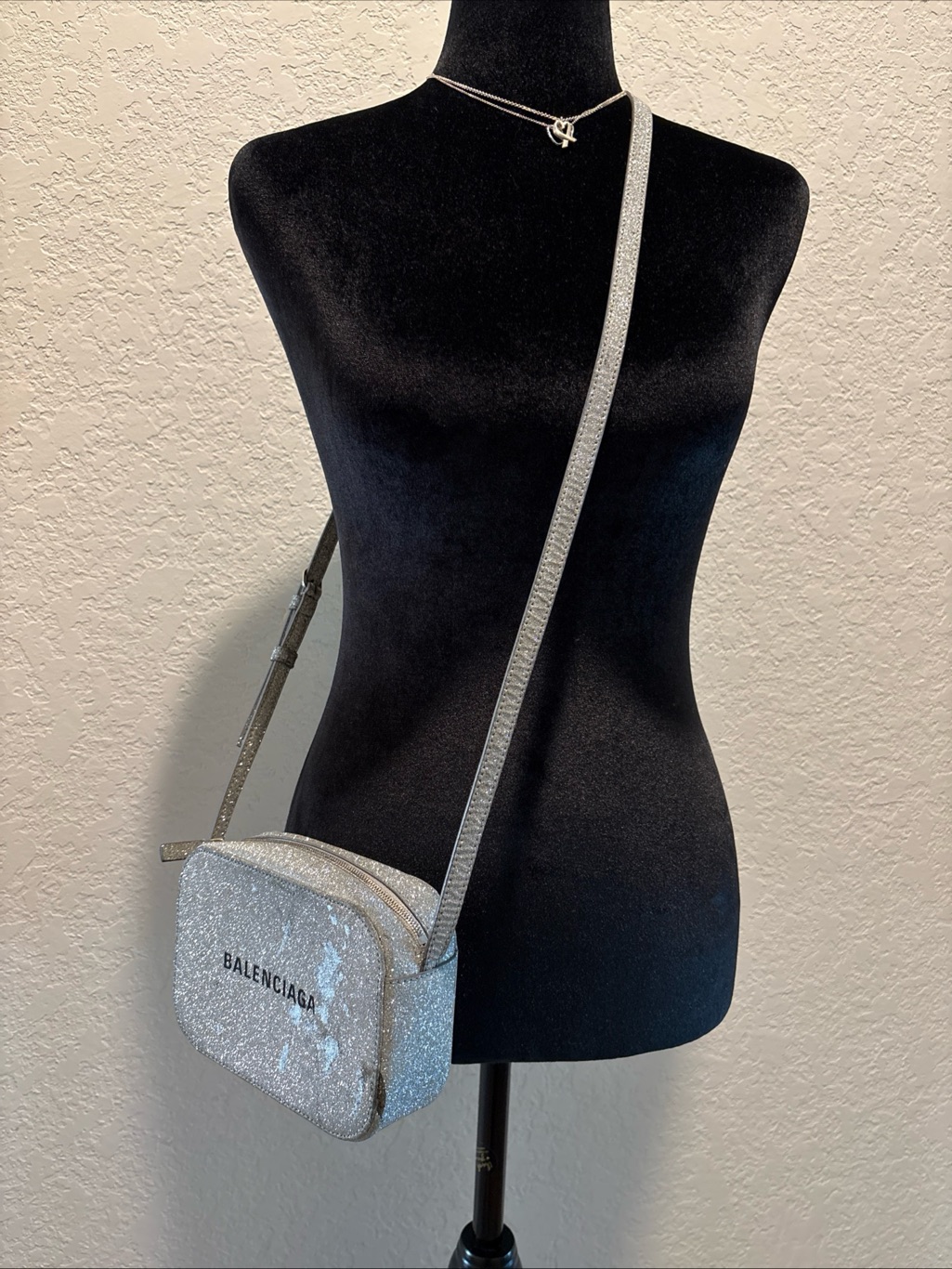 Balenciaga Glitter Silver Leather Camera Crossbody Bag Made In Italy